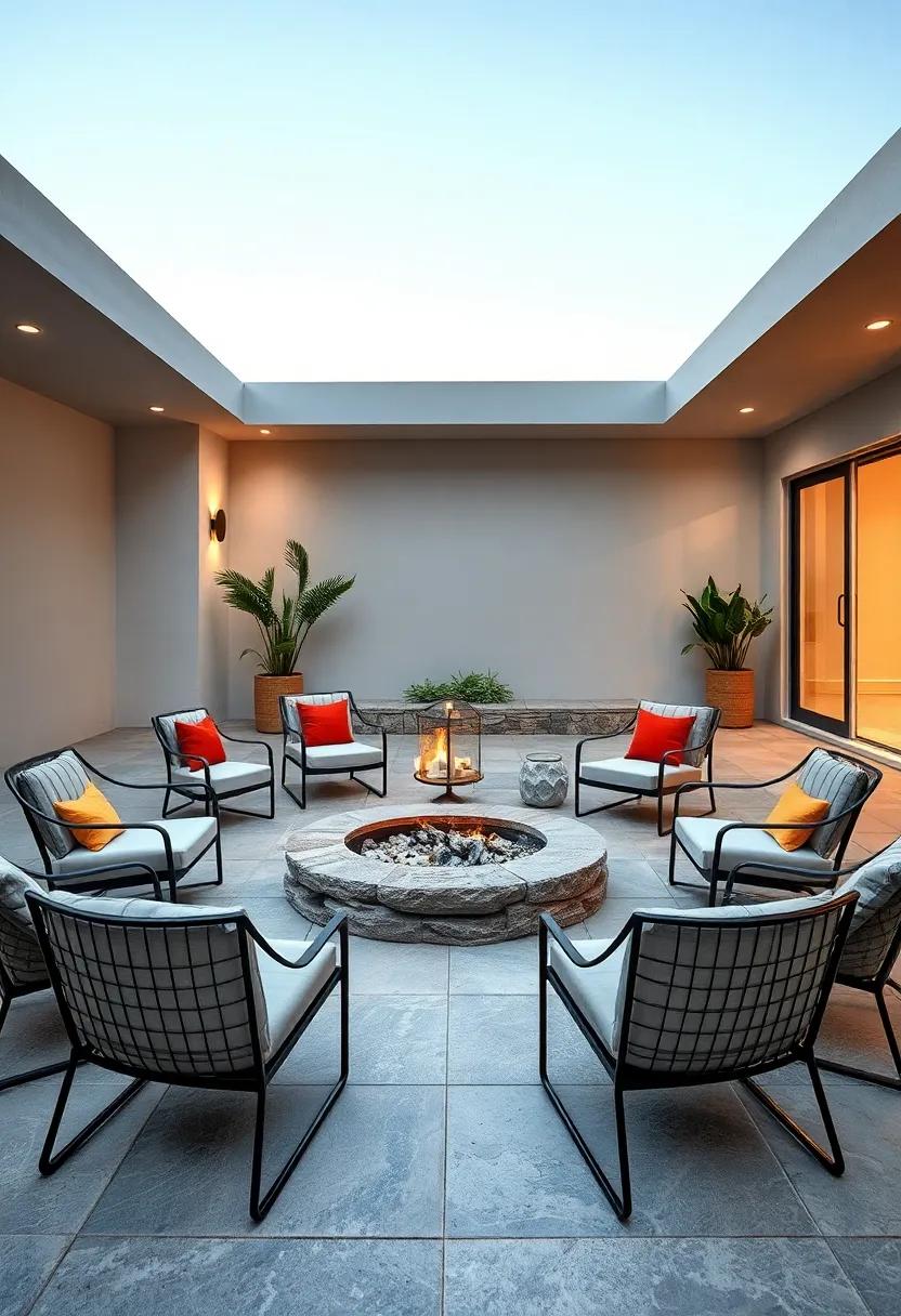 Chic Fire Pit: A circular stone fire⁣ pit⁢ surrounded by sleek metal chairs, ⁢perfect for‍ stargazing⁢ and ​warmth on cool ‌nights