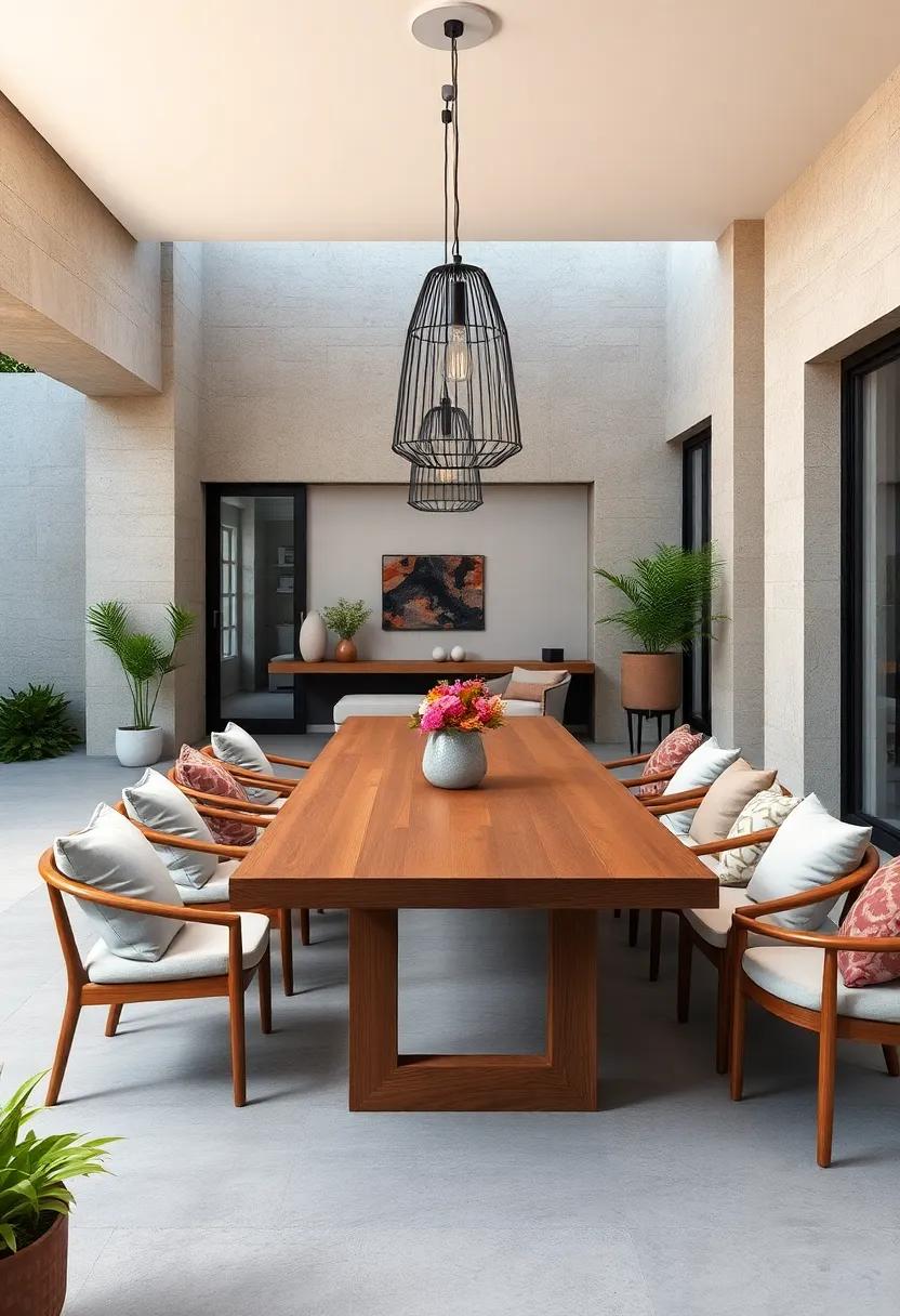 Simple Dining ⁤Table: ‌A⁢ long, rectangular wooden table with modern, metal-caged pendant lights ⁢above, perfect ​for al fresco dinner parties