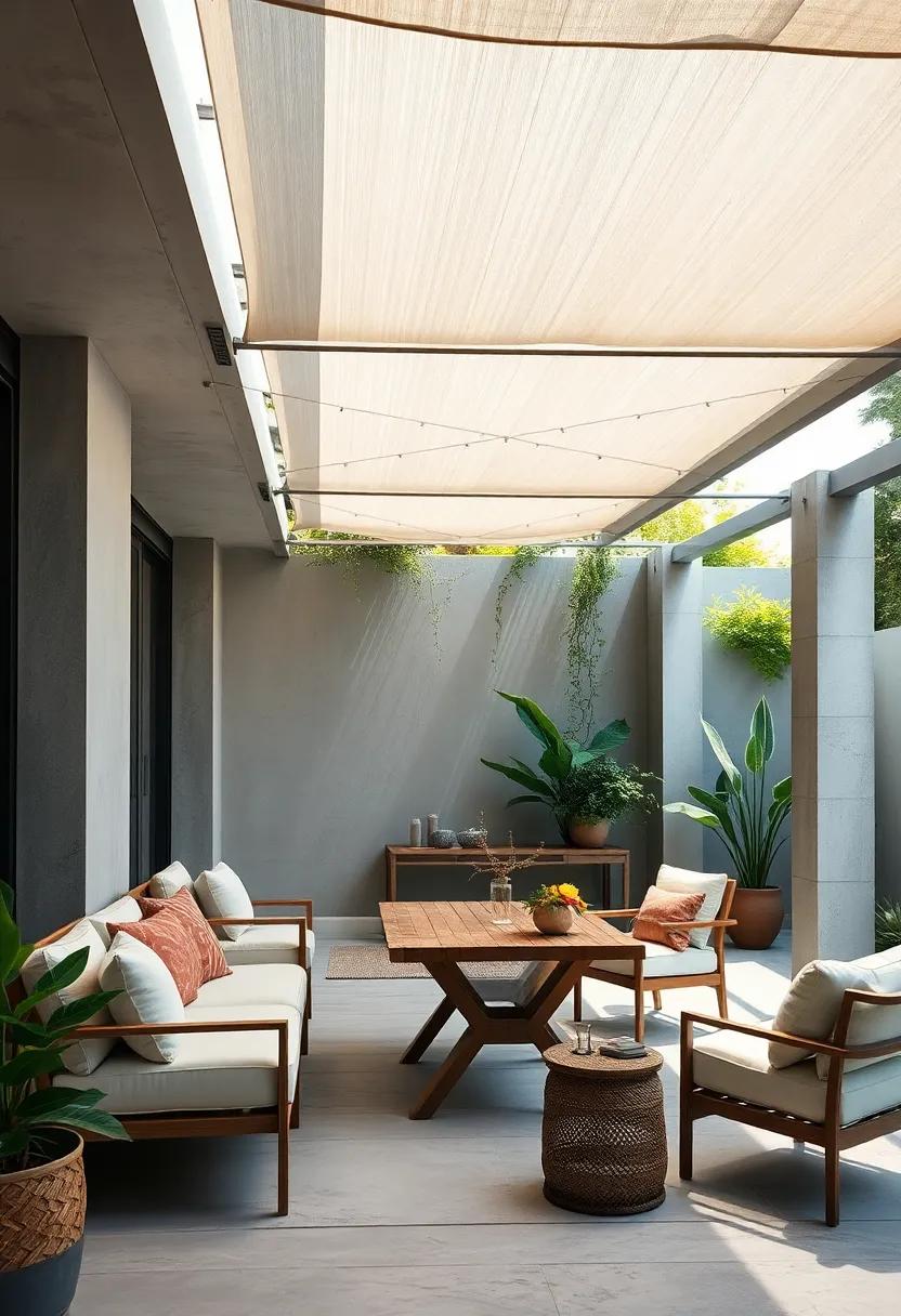 Architectural⁤ Canopy: A striking aluminum canopy ​over a simple wooden table, providing shelter ⁣while allowing⁣ dappled sunlight to filter through