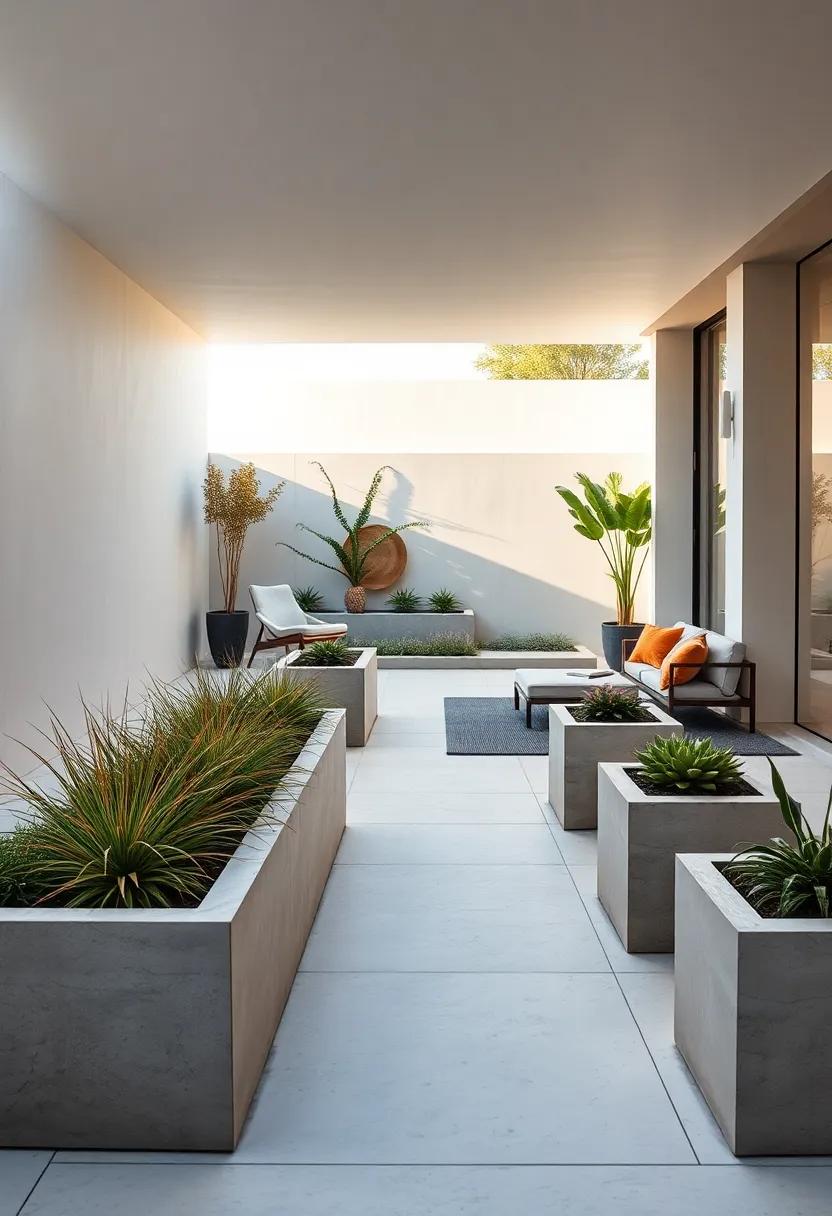 Modern Planters: Oversized rectangular planters made of smooth⁢ concrete ‌filled with grasses ​and succulents, framing a sleek pathway