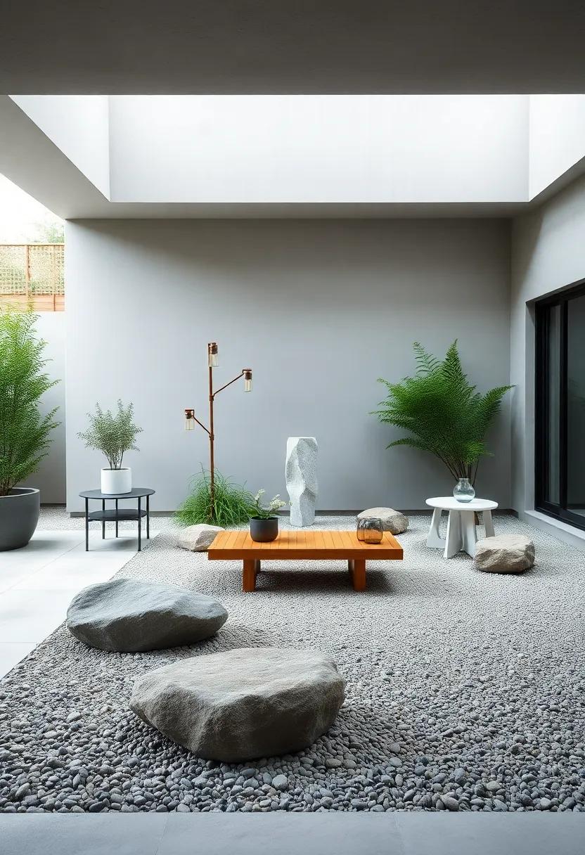 Zen ‍Garden Retreat: A serene gravel garden with ‍minimalist boulders⁤ and a ​low wooden bench, offering a tranquil escape ​from‍ the⁢ hustle