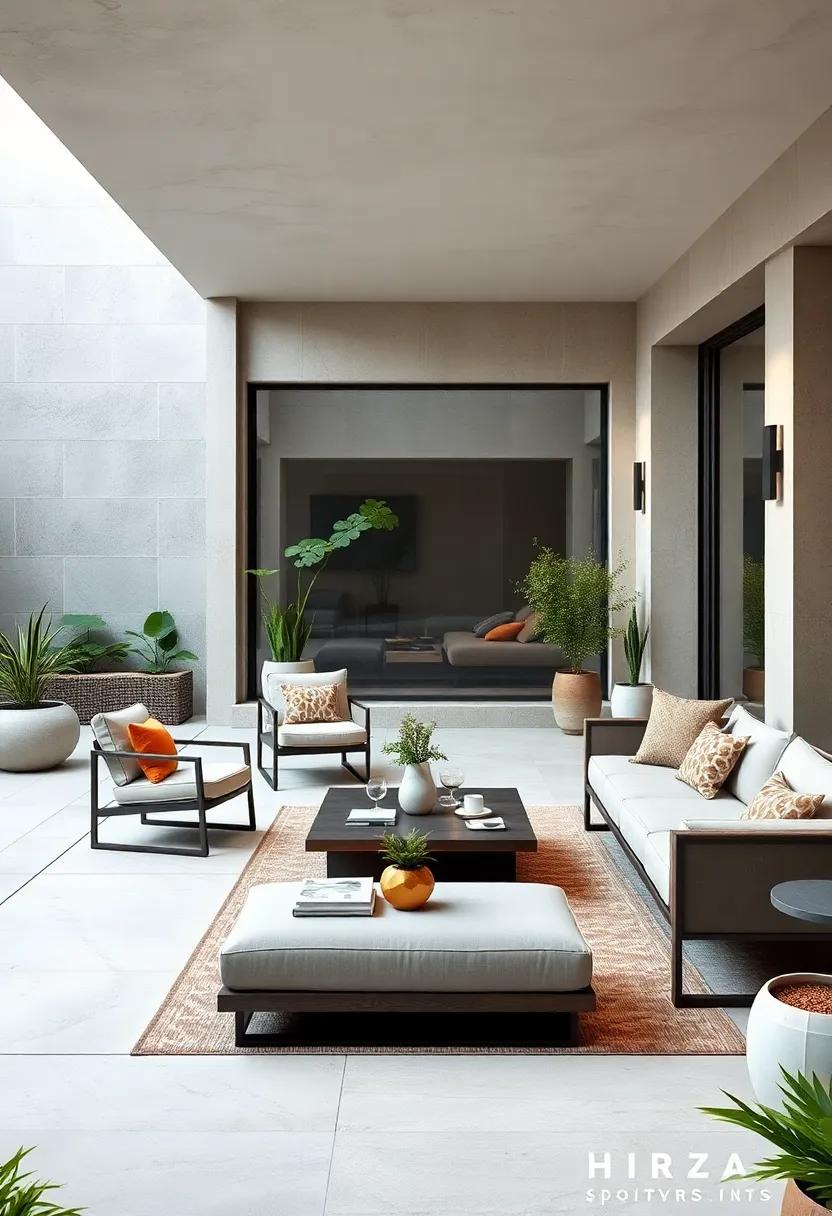 Monochromatic​ Oasis: An all-white⁢ outdoor space featuring textured ‌cushions, a ⁤stylish dining set, ⁤and minimalist lanterns glowing softly at night