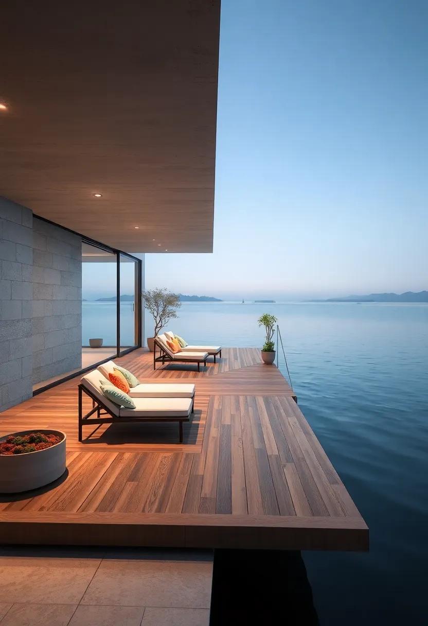 Floating Deck: ​A suspended wooden deck extending over a calm lake, equipped⁤ with minimalist lounge⁢ chairs for peaceful afternoons