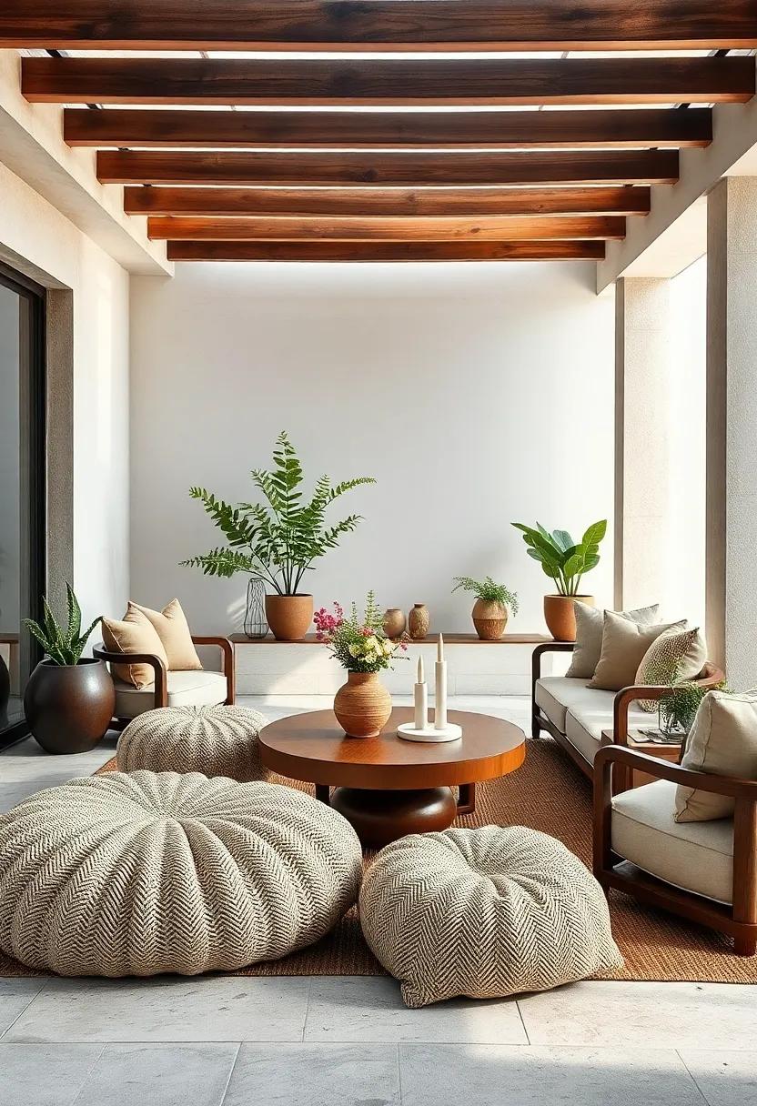 bohemian Minimalism: neutral woven textile⁣ poufs clustered around a vintage coffee table, blending minimalist design⁢ with bohemian charm