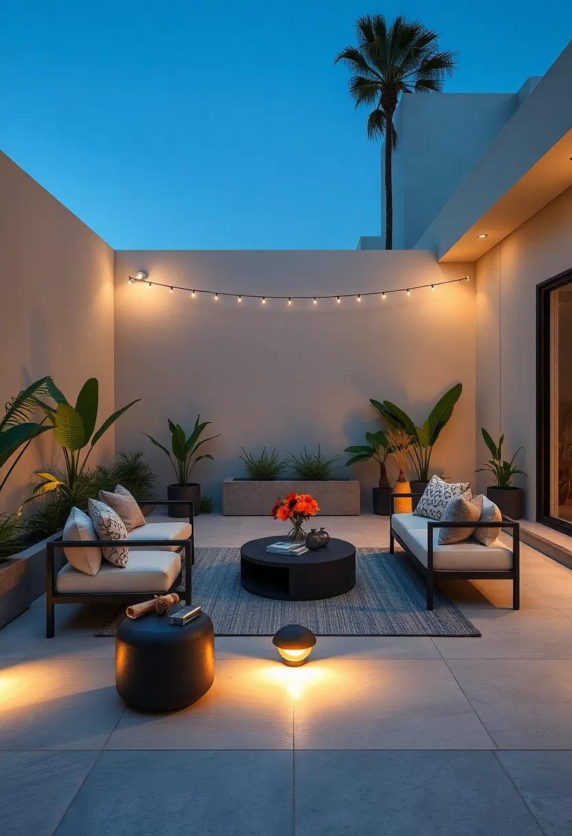 illumination‍ strategy: ⁢Subtle ⁤ground lighting surrounding⁤ chic‌ outdoor​ furniture, enhancing⁢ the minimalist design while ​illuminating ​the space at night