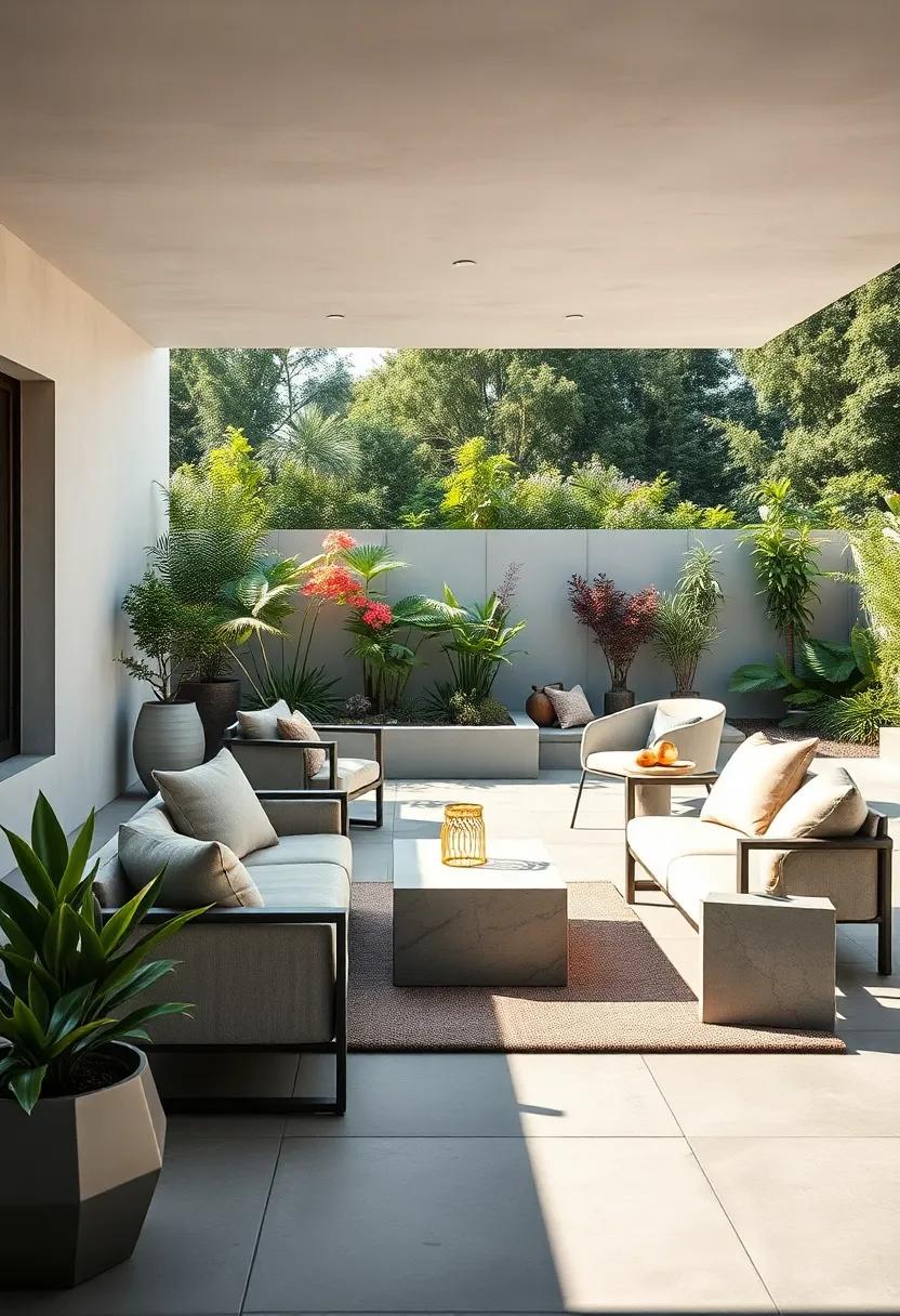 Crisp Patio: A​ slate-paved patio featuring geometric concrete furniture, blending seamlessly with​ a lush ⁢garden​ backdrop