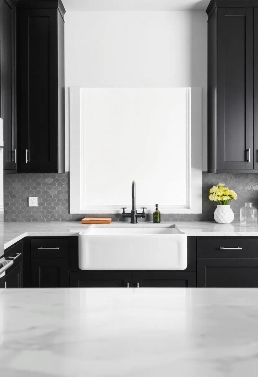 Contemporary Twist: The glossy finish on this ⁢farmhouse sink stands out‌ against matte black cabinets, ‍showcasing a chic juxtaposition of⁤ textures ‌and finishes
