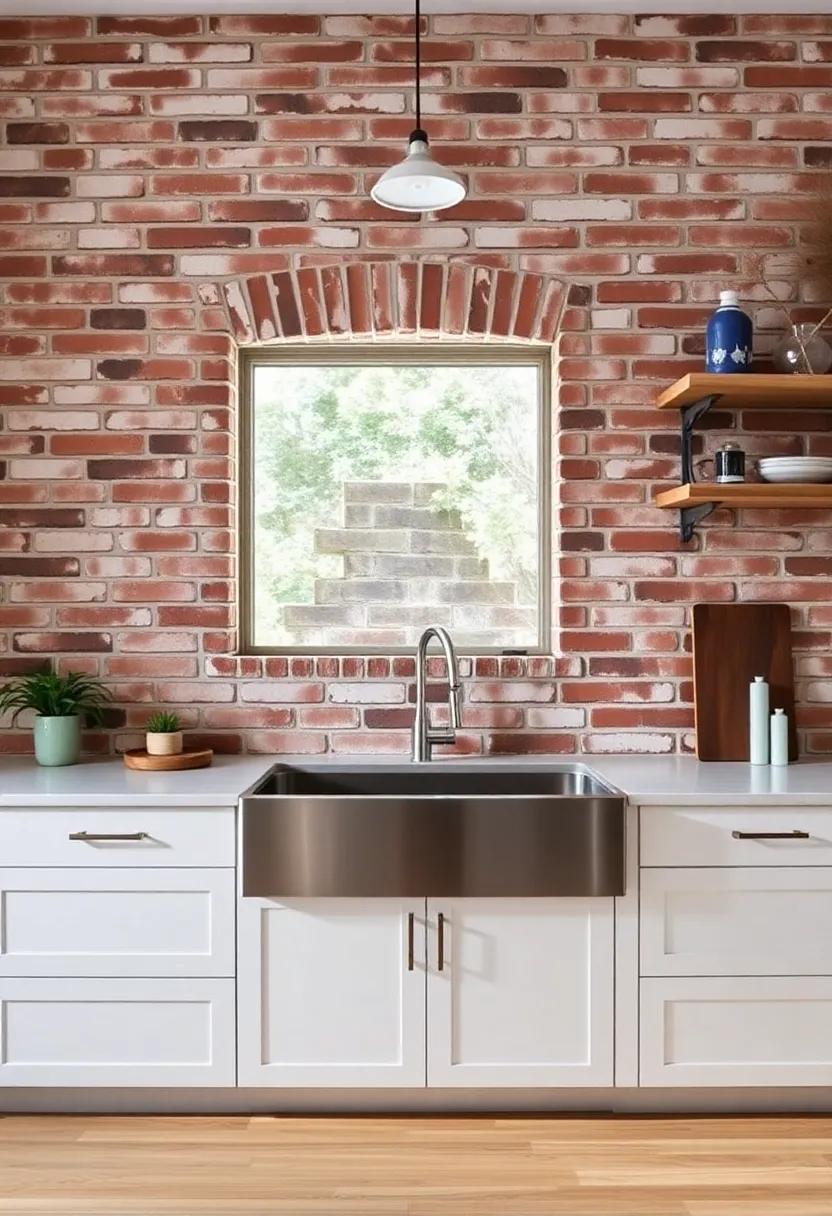 Farmhouse Meets ⁤Industrial: This kitchen ‌features an exposed brick‍ wall⁤ alongside ⁤a stainless steel farmhouse sink, creating a unique interplay between soft and ‍hard materials