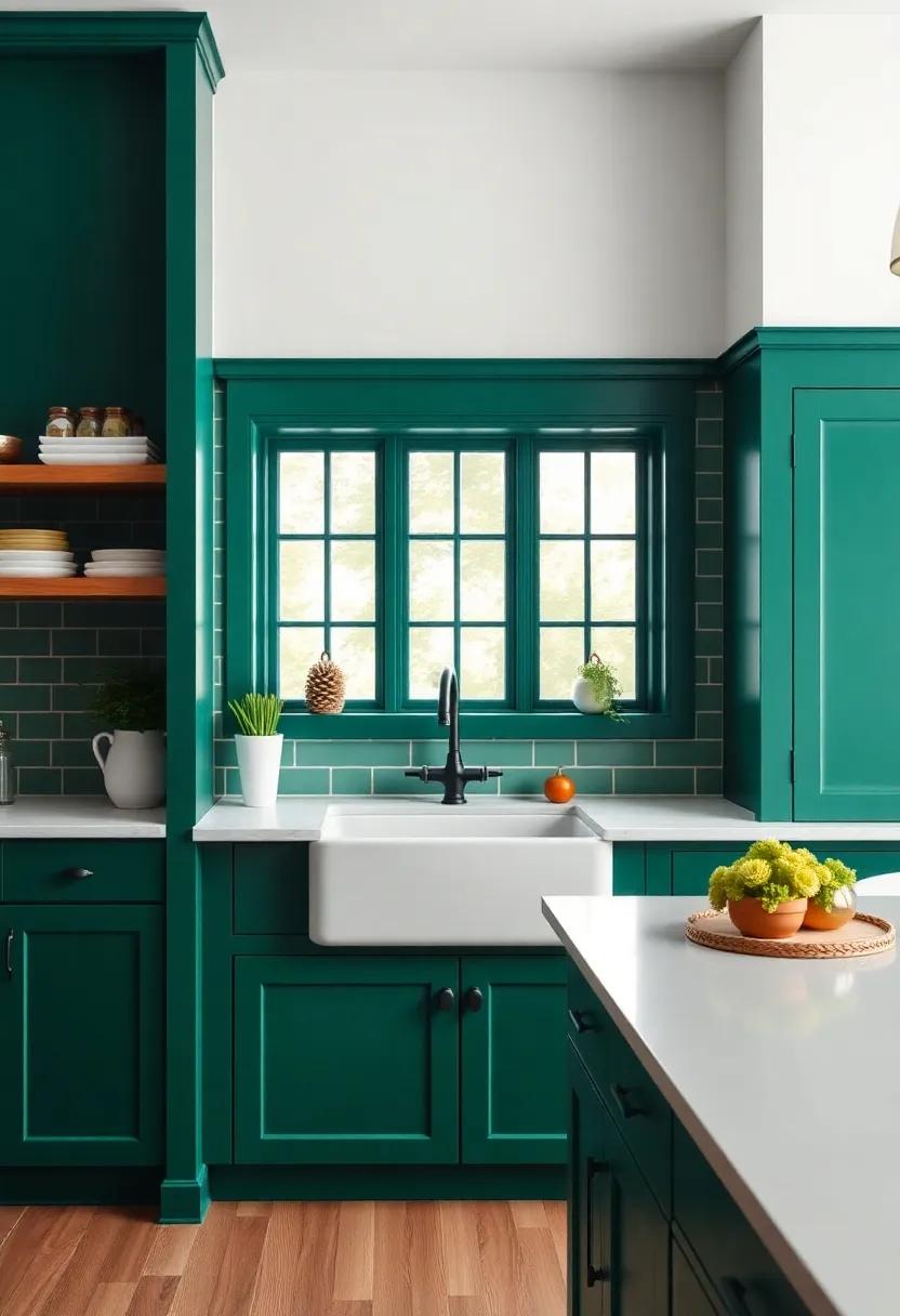 Bold Statement: A ‍vibrant emerald-green kitchen ‍with a⁤ vintage-style sink adds ⁤a playful⁤ touch to a traditional layout while still remaining distinctly farmhouse