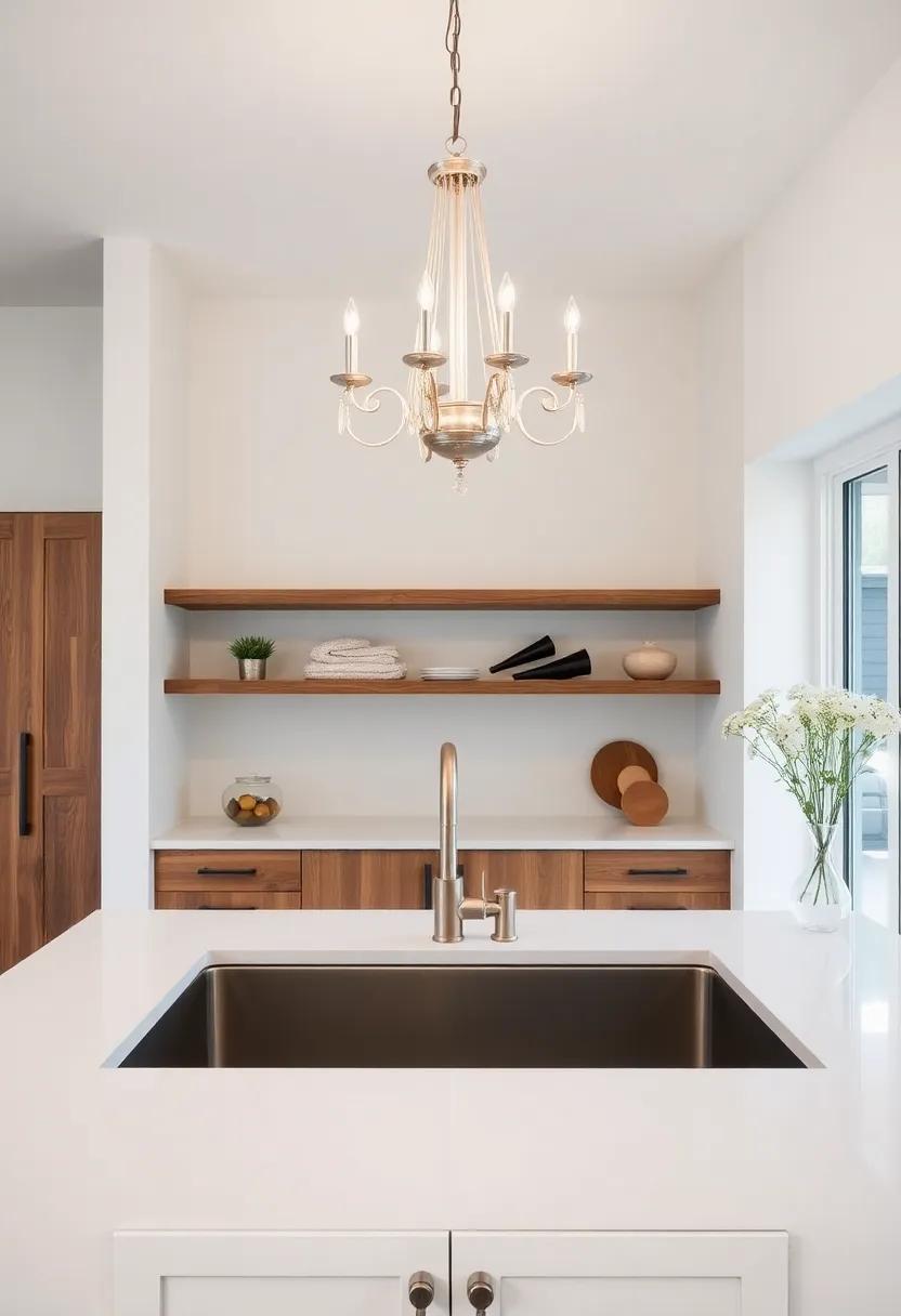 Rustic⁤ Luxury: An​ elegant ​chandelier hangs above a deep farmhouse sink, juxtaposing rustic elements with modern glamour for a​ unique kitchen style