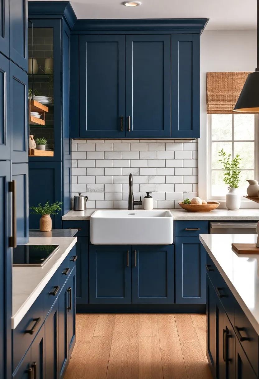 Rustic​ Charm:​ Dark blue cabinetry complements a ​classic white farmhouse sink, bringing depth and warmth to this inviting kitchen space