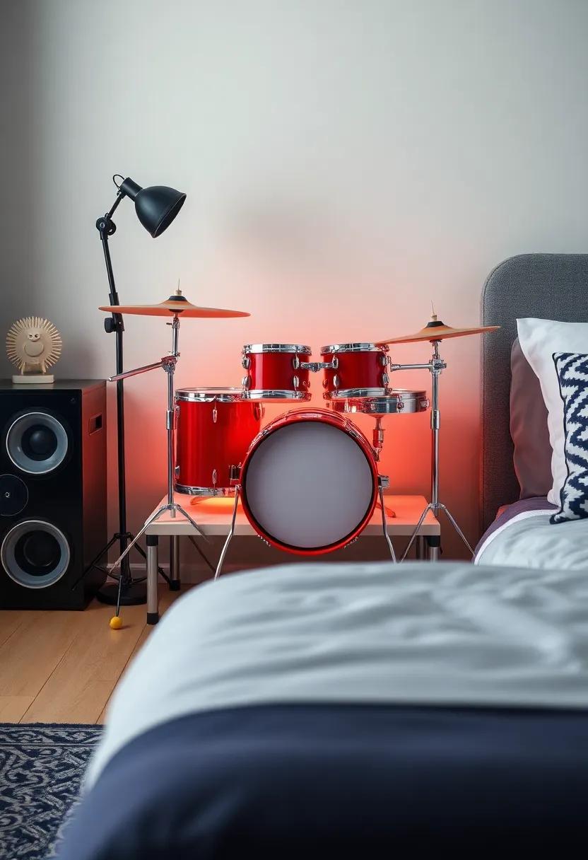 Drum Kit Nightstand: Convert a mini drum kit into a ‌funky nightstand to enhance the room's musical theme