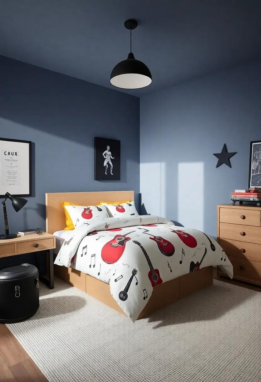 Rock Star Bedding: choose bed linens⁤ printed with ‌guitars, band logos, or music notes to carry the⁤ theme into the ‍bedroom