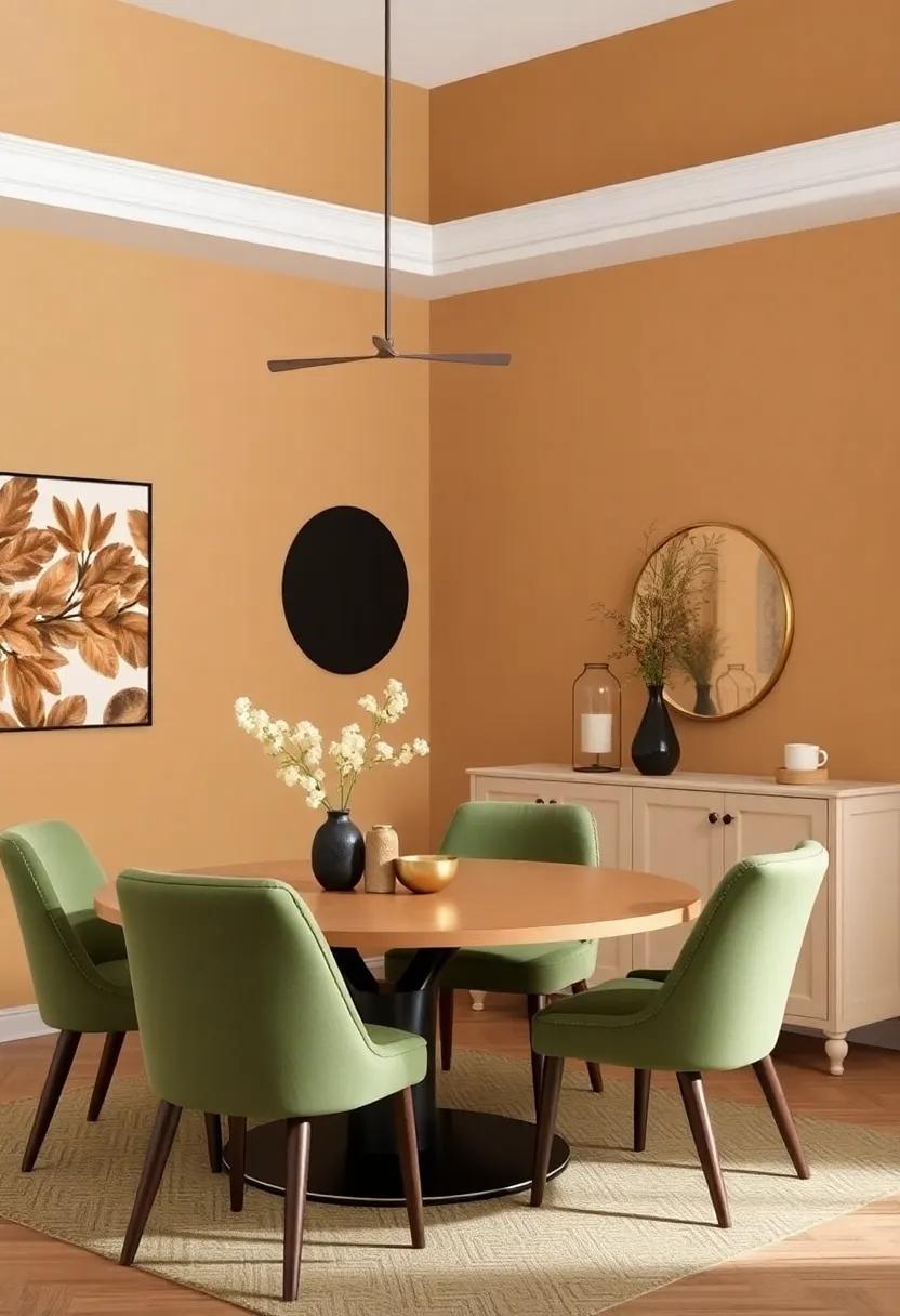 Soft‌ Caramel ⁢and Moss: Create a rich palette with soft caramel‍ walls⁣ enhanced​ by moss‍ green⁣ accents, offering a grounded yet chic dining⁤ space