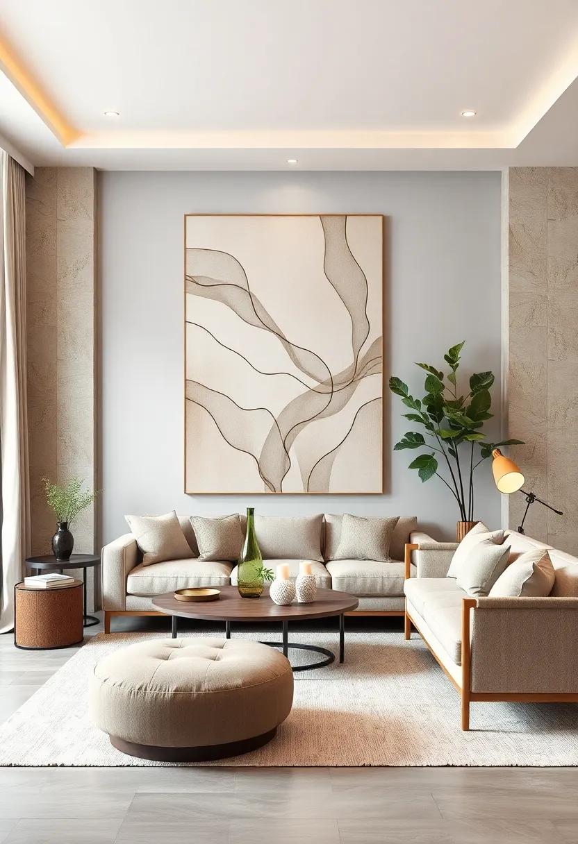 A soft beige canvas adorned with flowing lines captures the essence of tranquility, inviting warmth into any space while maintaining a‌ sophisticated allure