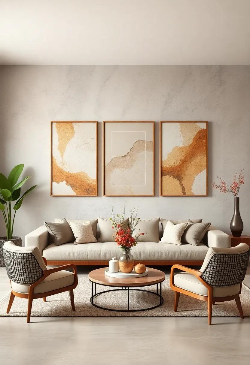 Rustic ‍charm emanates ‍from⁢ an abstract ⁢landscape painting in neutral tones,⁤ reminiscent of peaceful⁤ hills and ‌valleys, bringing nature‍ indoors