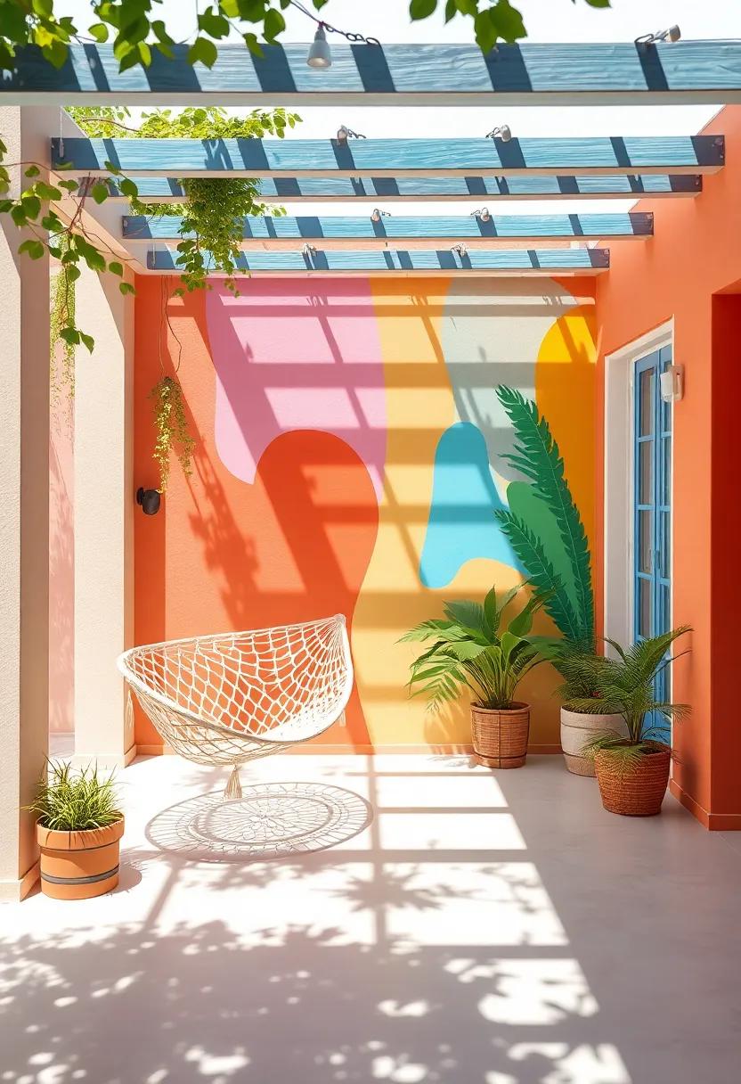 Artistic Vibes: Explore a colorful patio where a hammock chair hangs next to a⁢ mural, providing a creative ⁣space to contemplate art and craft ideas in sunlight