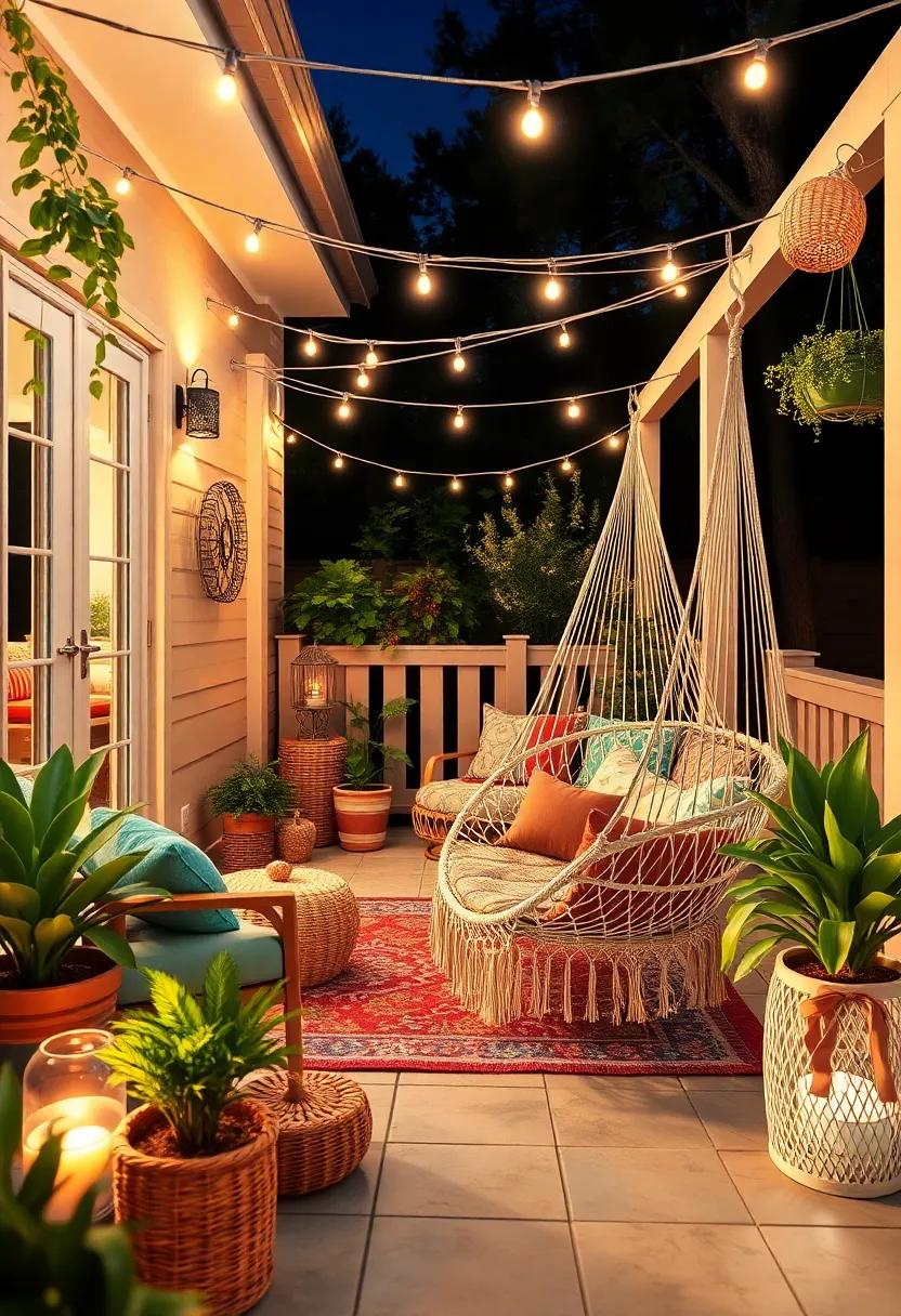 Bohemian Bliss: A vibrant patio filled with eclectic decor, fairy lights, and ​a comfy hammock chair that’s‌ perfect for lounging with friends and sharing ‌stories under the stars
