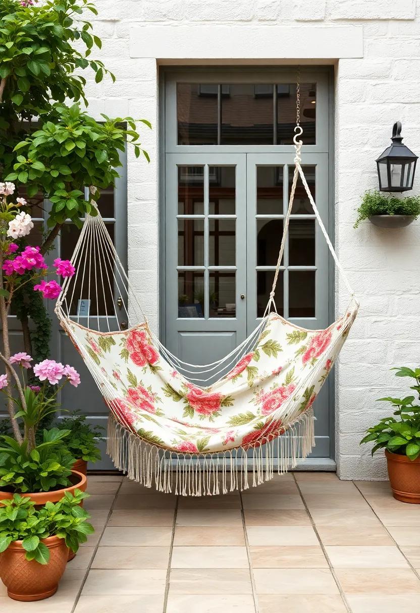 Charming Cottage: A quaint patio featuring a floral-patterned hammock chair nestled in⁢ a ‍charming garden,⁢ offering ⁣a ‍picturesque spot for tea and⁣ quiet reflection