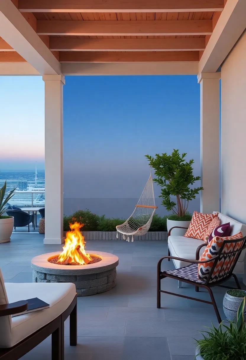 Coastal Retreat: A⁣ laid-back coastal patio ⁣where⁣ a ⁣hammock chair swings invitingly next to a fire pit, ideal for ⁢roasting marshmallows under the stars