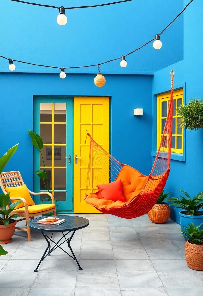 Colorful Escape: A playful patio ​featuring a ‌bold hammock chair that invites‍ fun and relaxation, perfect for lively gatherings or solo retreats
