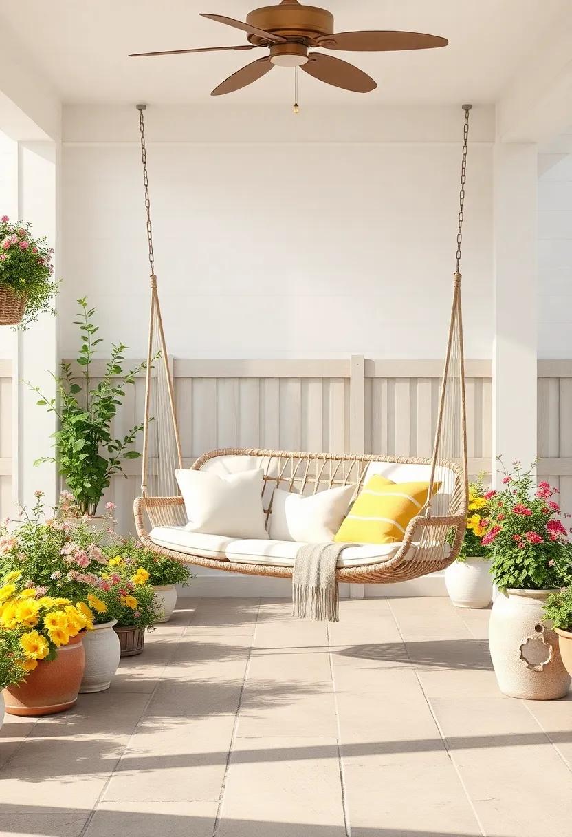 Farmhouse Style: Experience rustic charm with a ⁣spacious‌ patio showcasing a ‌swing hammock ⁣chair surrounded by ⁢wildflowers, perfect‍ for sipping ​lemonade