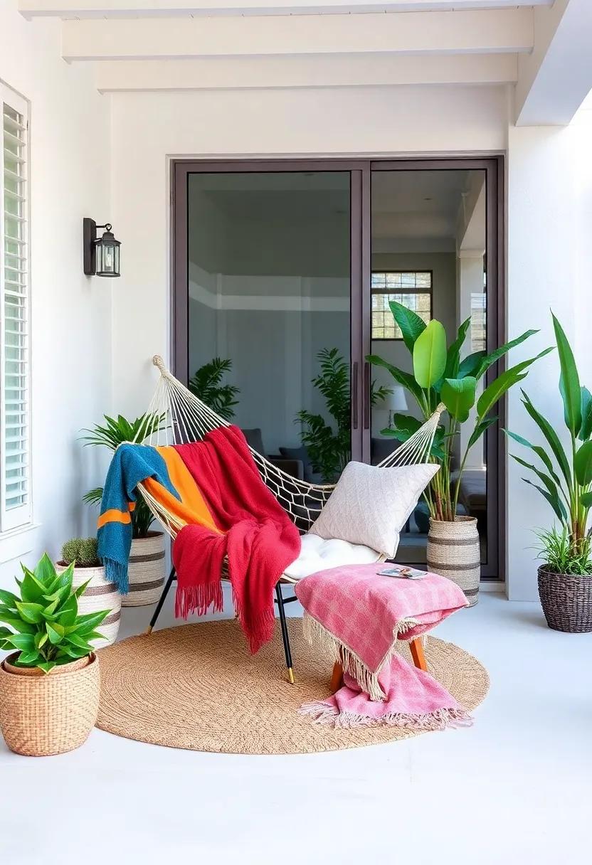 Inspired ‌Lounging: This ⁤artist's patio ⁤showcases a hammock chair draped ‍with ​colorful throws, offering a cozy retreat for creativity to flourish‍ in‌ the ‍great outdoors