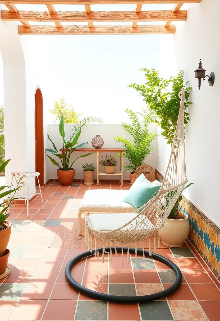 Mediterranean delight: Step into a sun-drenched terrace with‍ terracotta tiles‍ and colorful tiles that cradle a hammock ⁤chair, ideal ‍for post-lunch siestas