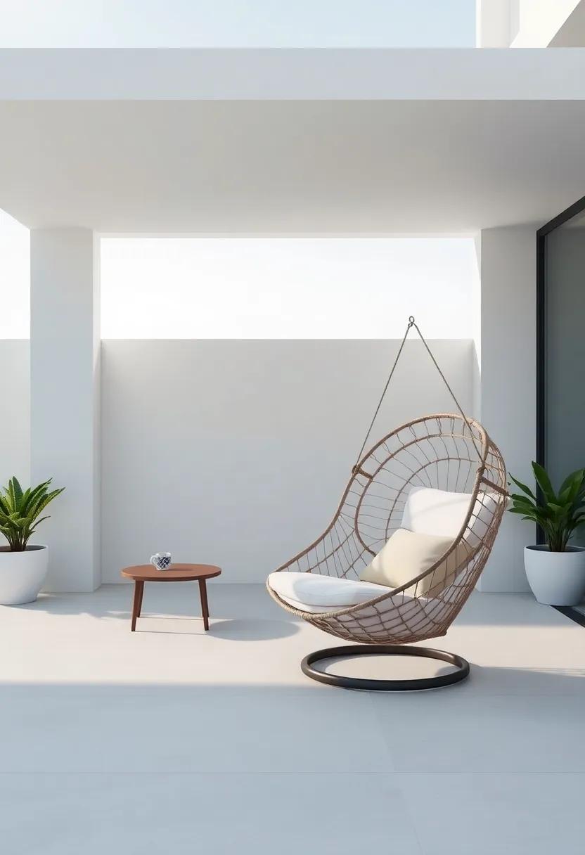 Minimalist Marvel: ⁢Embrace‌ simplicity with a sleek, modern patio featuring clean lines and ​a stylish hammock chair, blending comfort and elegance⁢ seamlessly