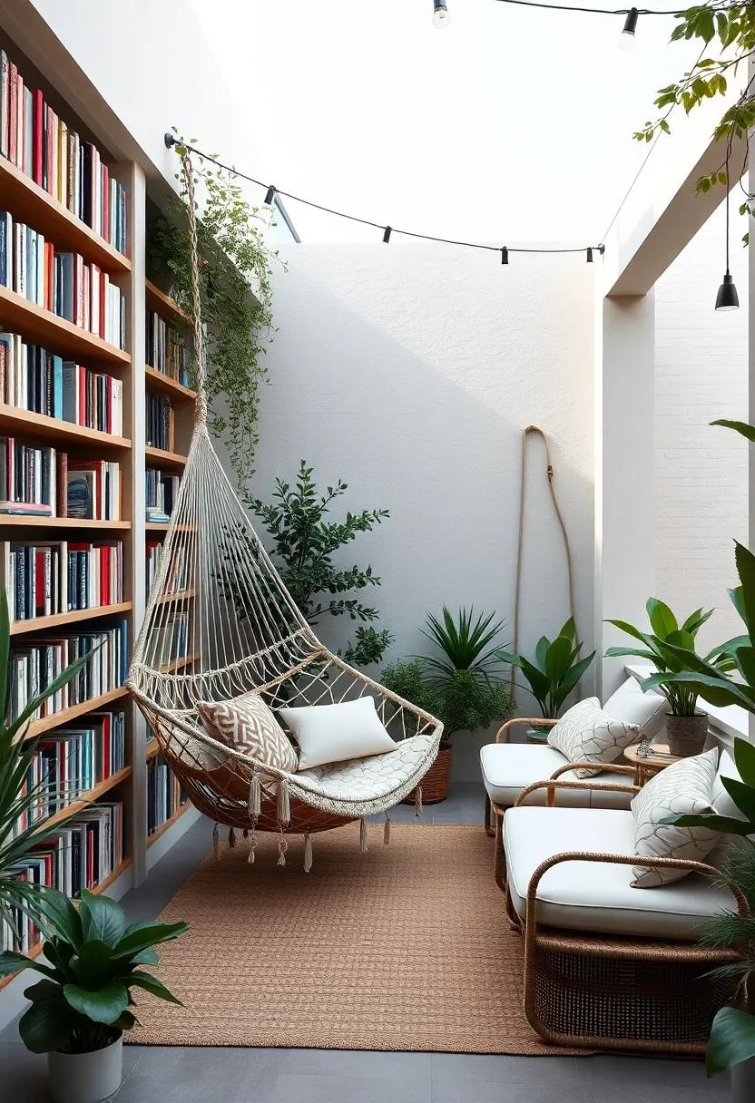 Outdoor Library:⁣ an enchanting patio designed for book​ lovers, with ​a hammock​ chair nestled among shelves of books​ and cozy cushions⁤ for an​ ideal ‍reading nook