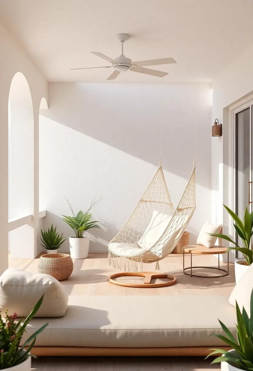 Patio of Peace:⁢ A‌ tranquil space featuring calming neutral ⁢tones⁣ and a soft hammock chair, creating an‌ ideal ​setting for yoga or journaling