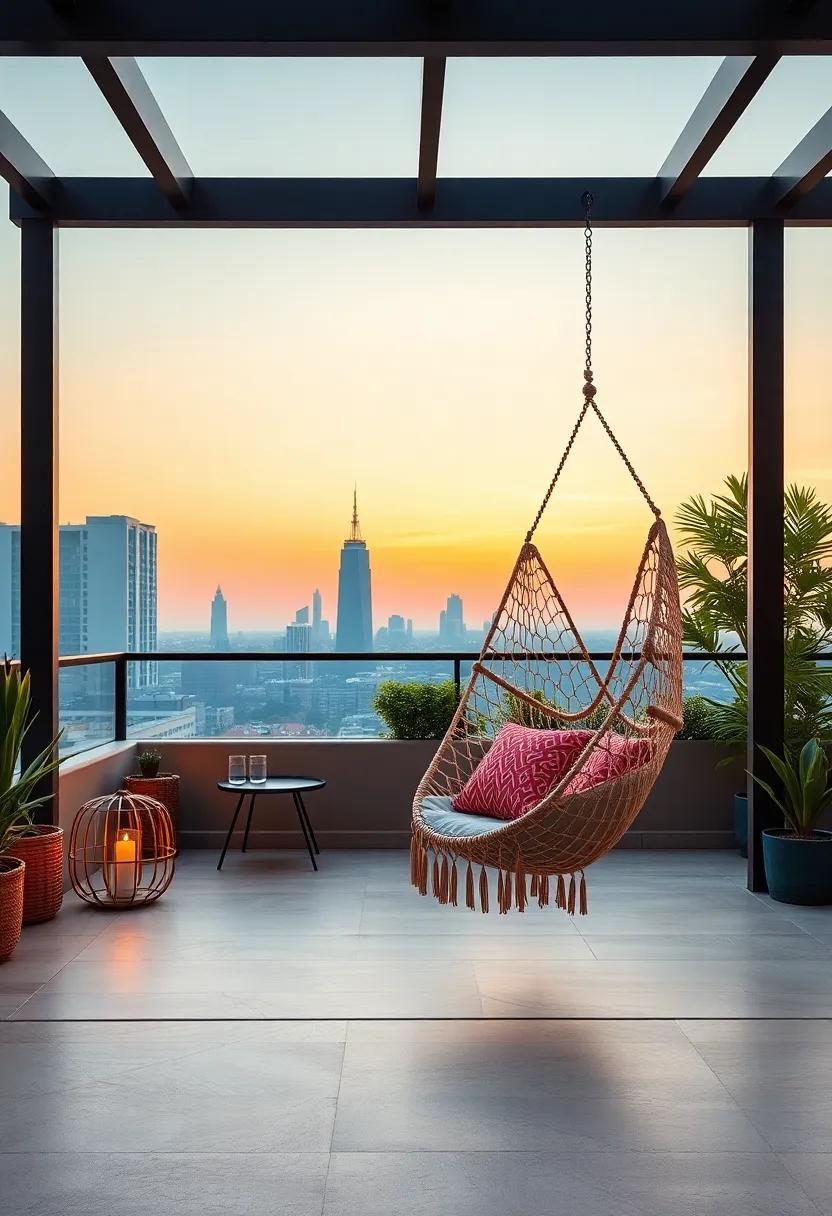 Rooftop Oasis: Revel in​ a ⁣cityscape view ‍from a stylish rooftop patio, where a chic hammock chair creates a perfect hangout ⁢for sunset cocktails and evening chats