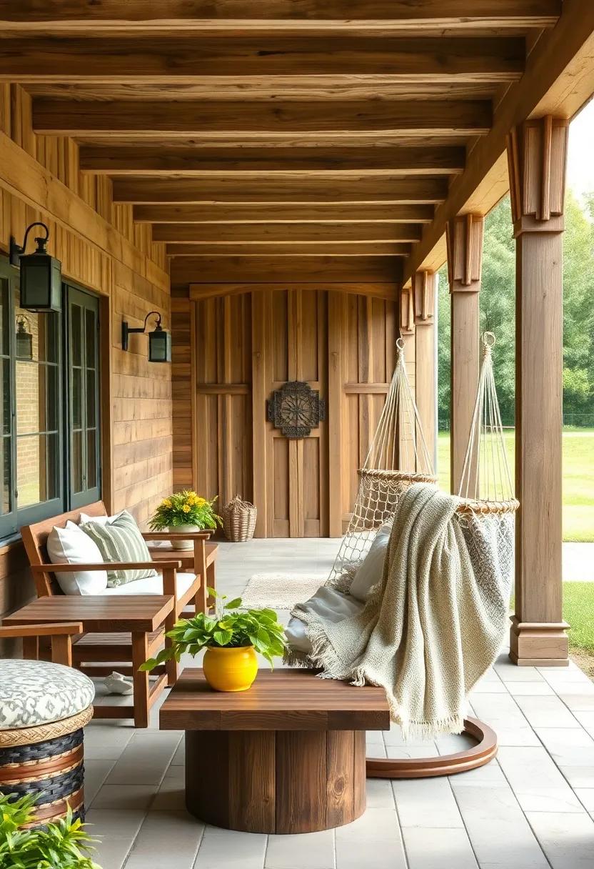 Rustic Retreat: A countryside patio featuring ⁣reclaimed wood furniture and a charismatic ⁢hammock ⁤chair draped in‌ cozy blankets, offering a peaceful getaway ⁢in⁤ nature