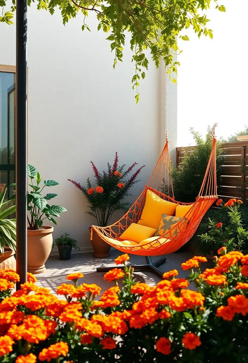 Sunny Sanctuary: Bask in the sunlight‍ on ⁤a patio adorned with ‌a ⁤bright ​hammock ‍chair, surrounded by cheerful marigolds and lush greenery for ⁣a mood boost