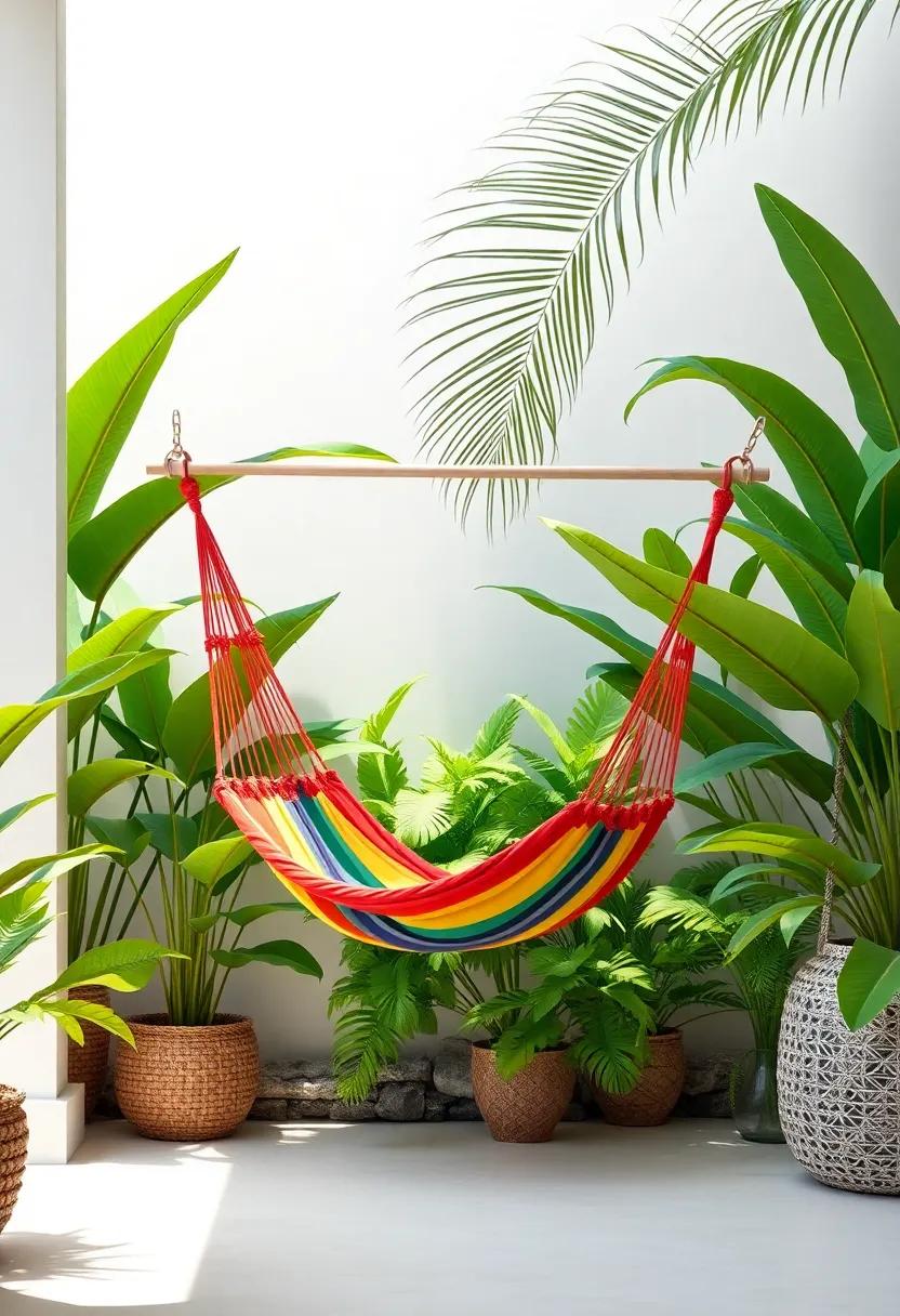 Tropical Hideout: Experience a lush jungle vibe with ‌a multicolored hammock chair suspended between oversized ferns, ⁤creating a‍ vibrant oasis ​for morning ⁢coffee