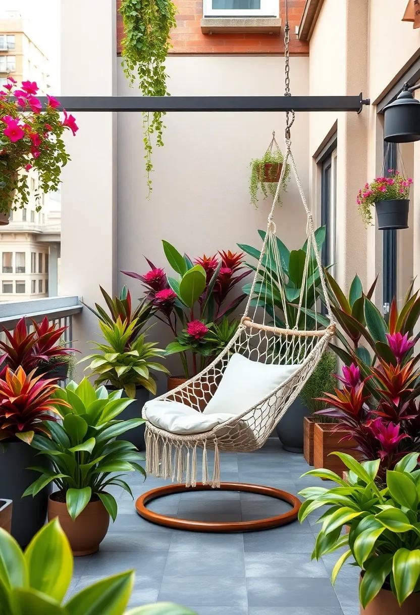 Urban Escape: Discover a chic city ​patio⁤ adorned ‌with vibrant plants and a ⁤swinging hammock chair that​ invites relaxation amidst the hustle⁣ and bustle