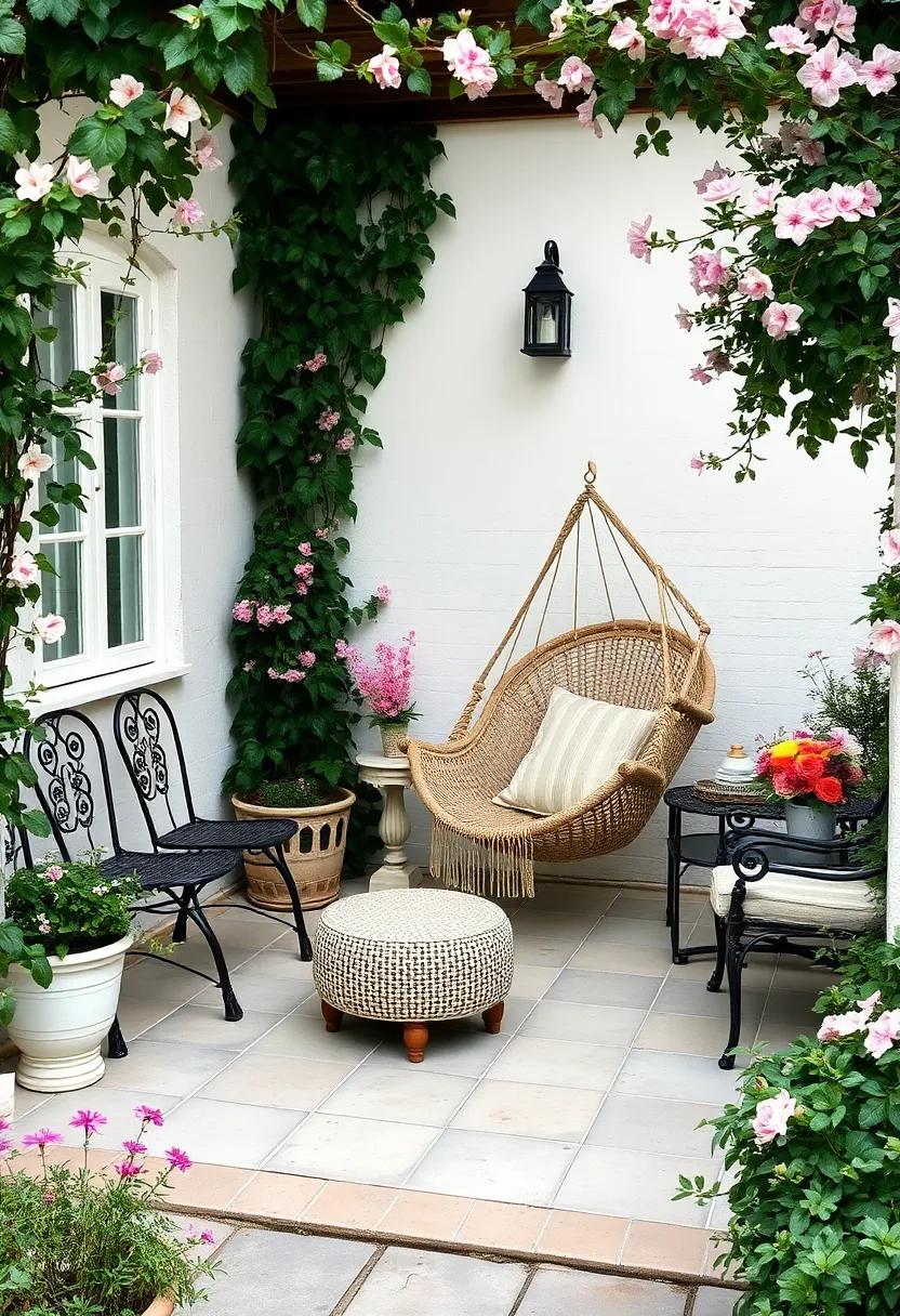 Vintage Charm:⁣ This quaint ⁢patio features antique furniture and a classic hammock⁢ chair, enveloped⁣ by climbing⁣ ivy⁣ and blooming flowers, exuding a nostalgic ambiance