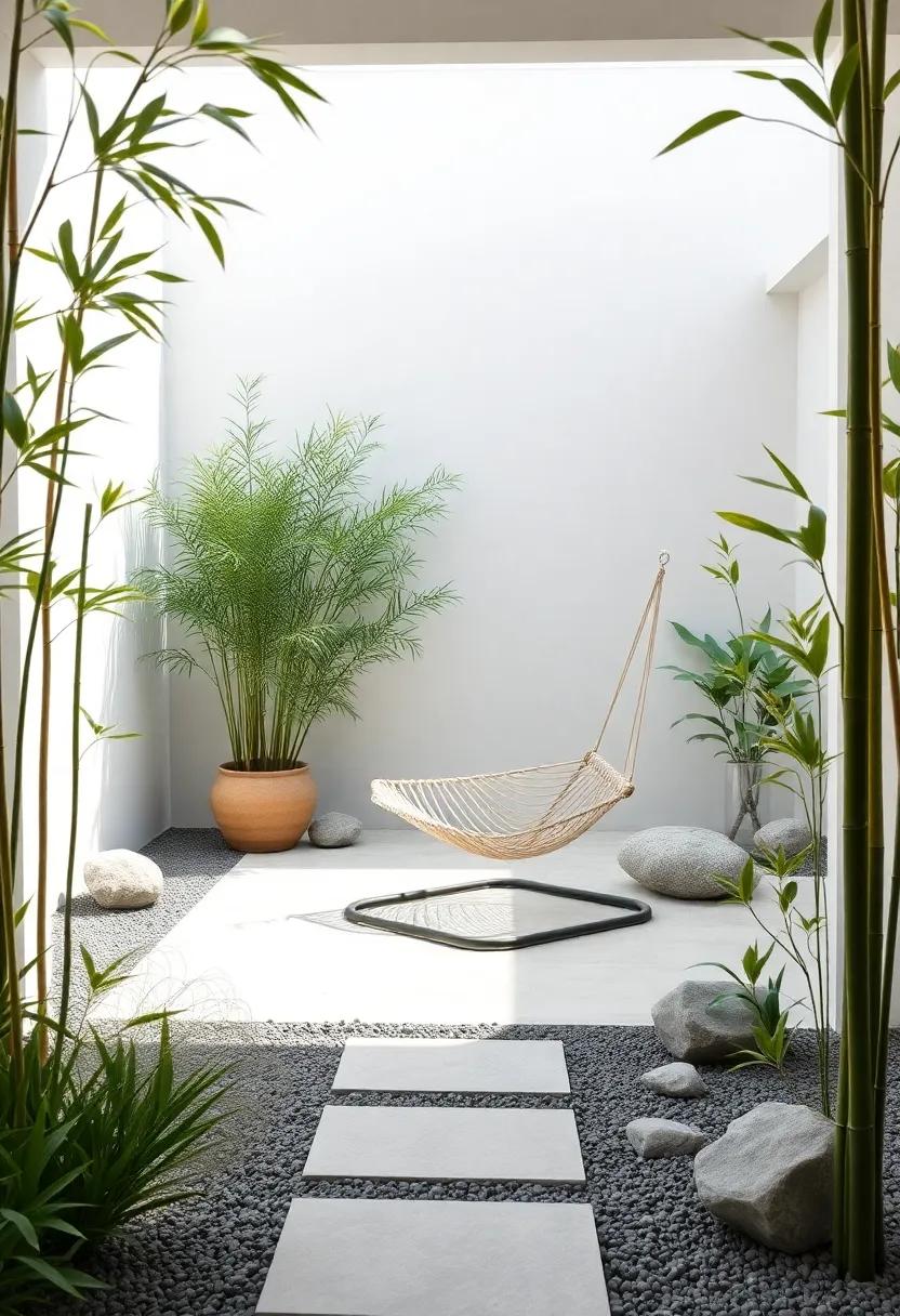 Zen Garden:​ A serene outdoor⁢ space with a simple hammock chair surrounded by bamboo and⁤ stones,​ creating the perfect ​environment for meditation⁤ and unwinding