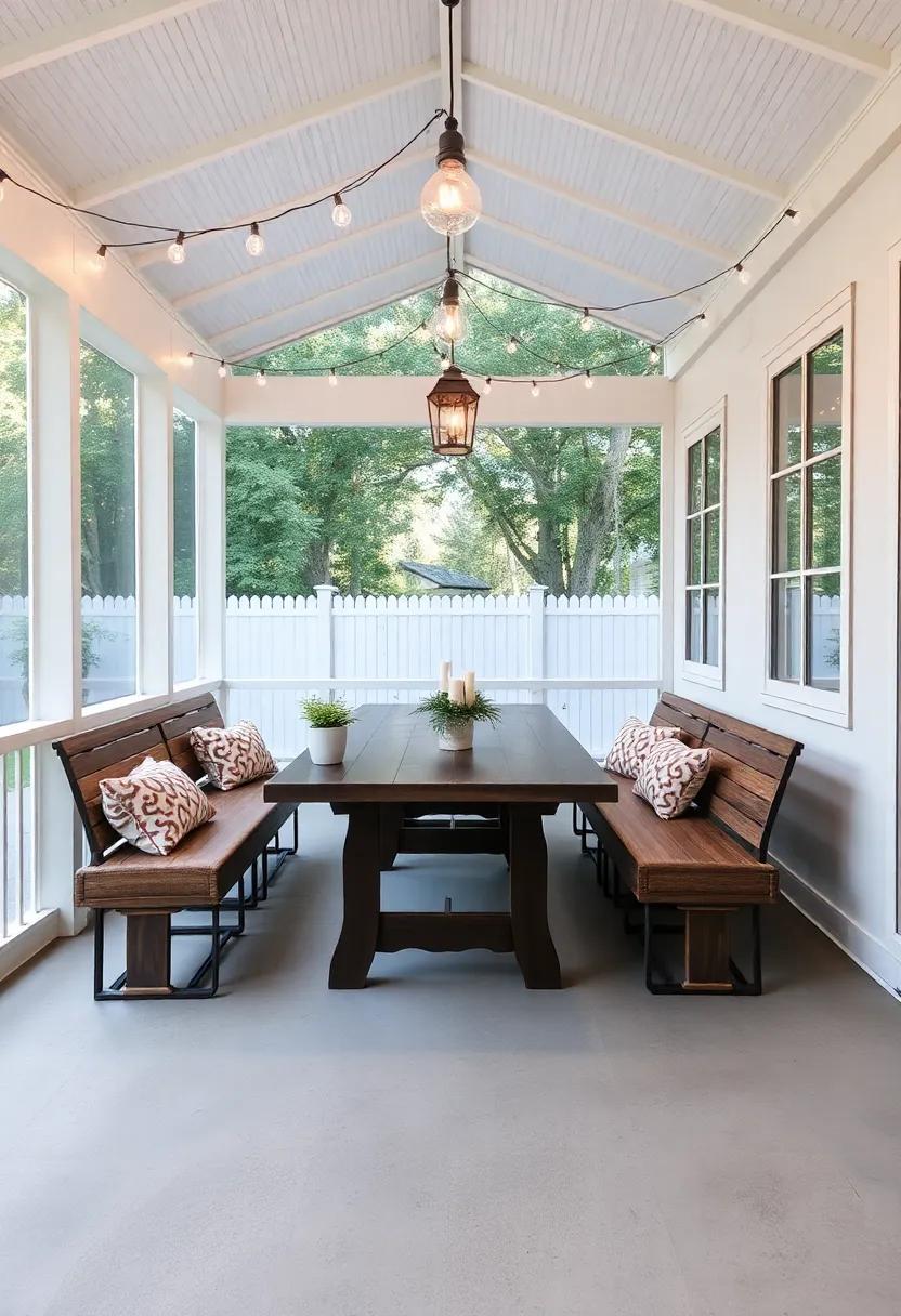 Use a long dining bench in lieu of chairs for a relaxed and communal dining experience, encouraging conversation