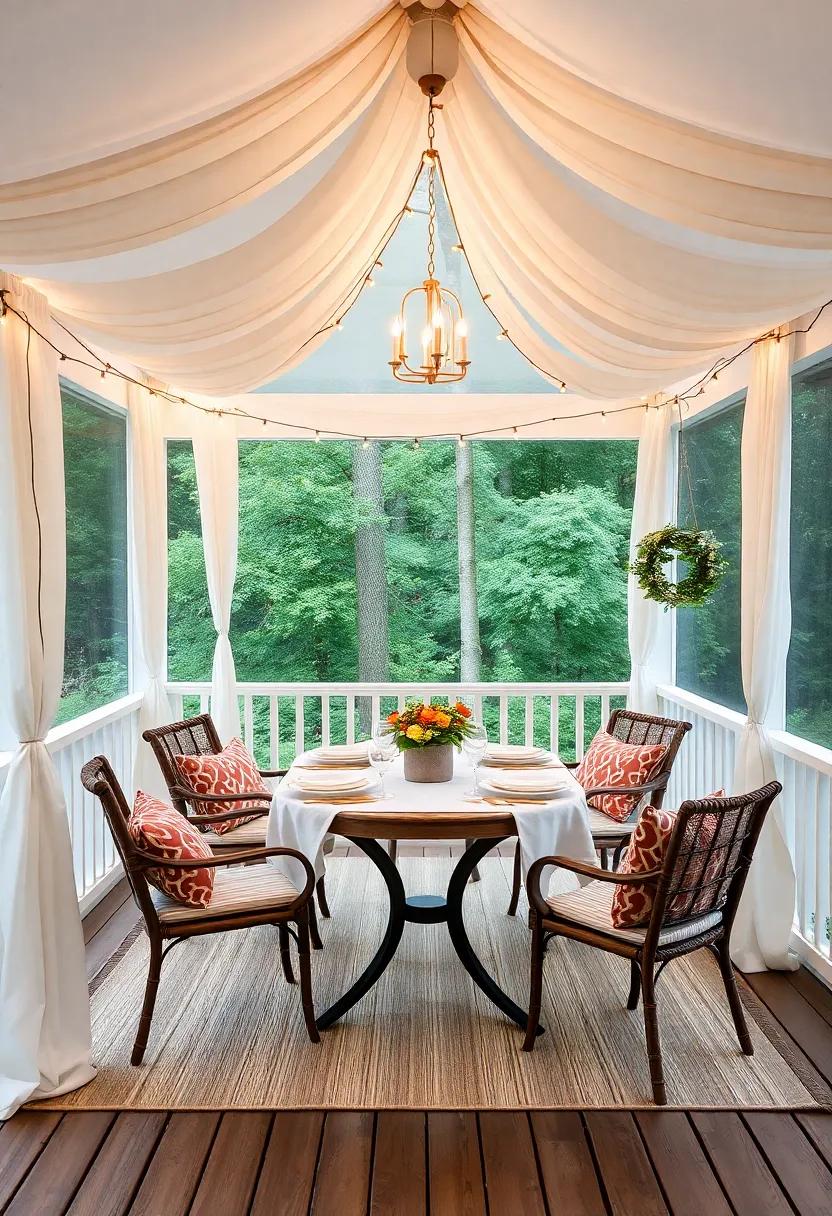 Hang draped fabric along the edges of your screened porch for an intimate and cozy feel, like dining in a tent