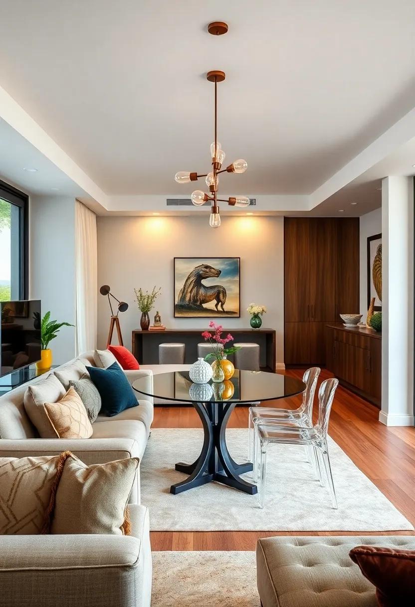 Use Glass Elements: Incorporate glass tables or acrylic chairs to maintain visual openness while providing stylish functionality without weighing down the room