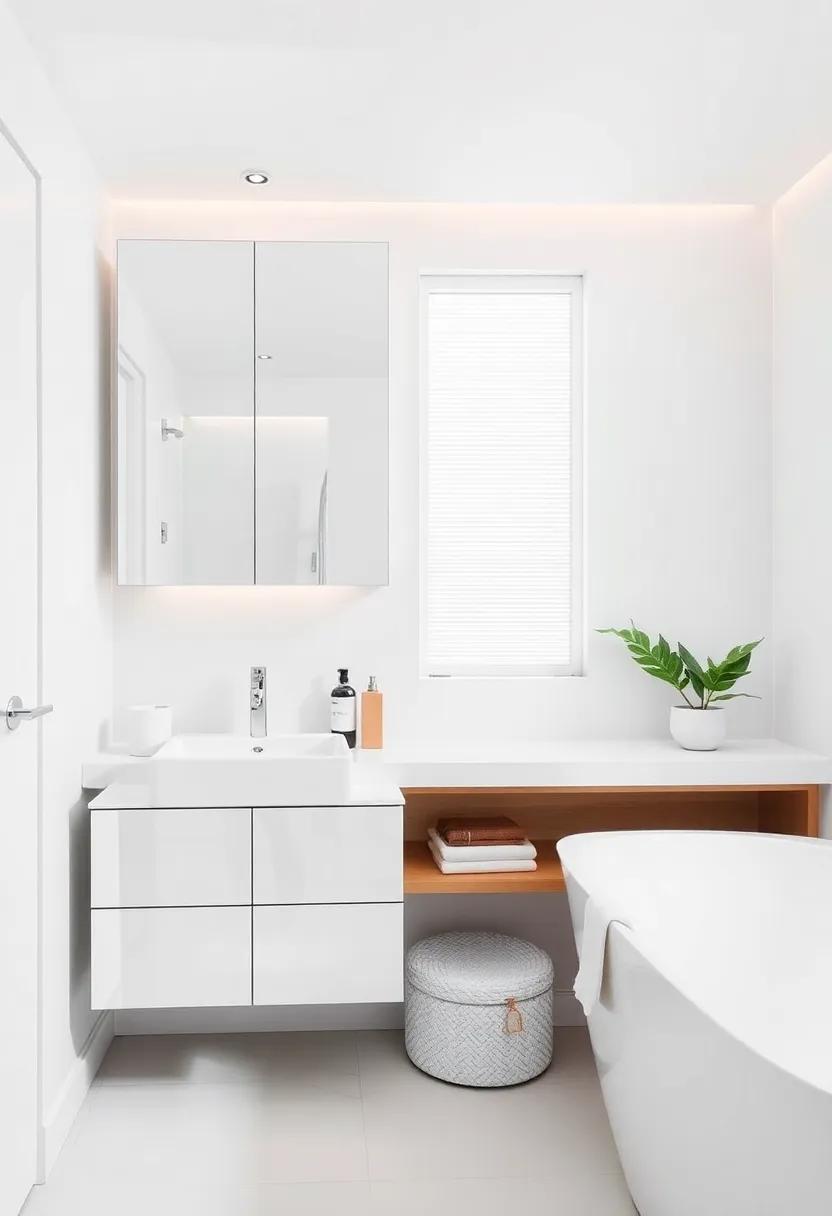 Use mirrored cabinets to create an illusion of space while offering essential storage solutions