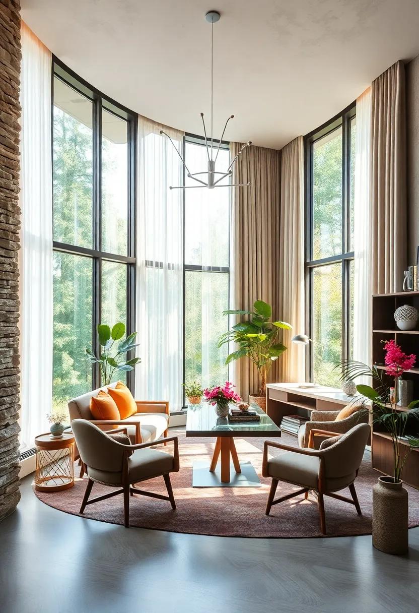 This serene workspace features expansive⁢ windows framed by soft drapes,‌ allowing for an adaptable light level that nurtures concentration and flexibility