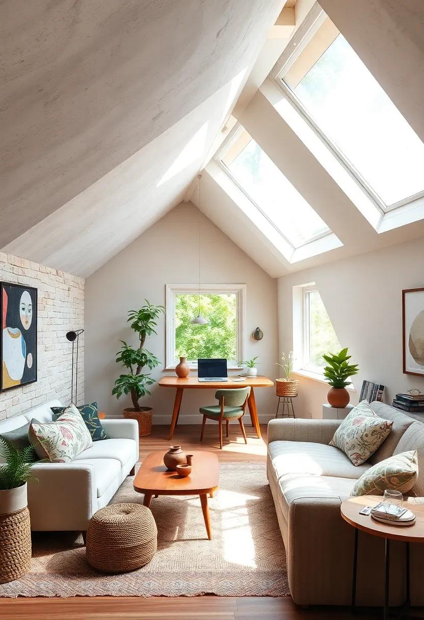 A charming attic‍ workspace with dormer windows captures brilliant skylight, offering a cozy and inviting environment where creativity can flourish