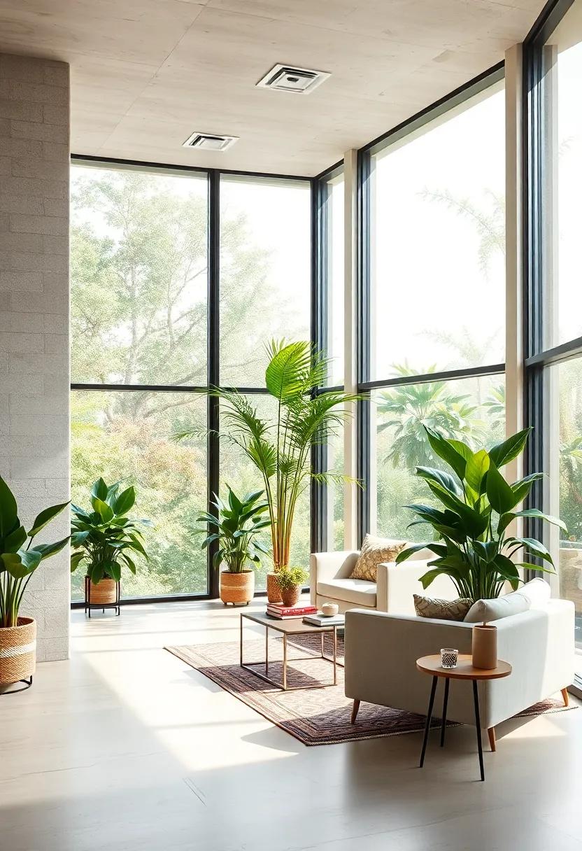 With ‍a‌ minimalist design, this office showcases expansive windows framed by tall indoor plants, mixing modern aesthetics‍ with natural elements for optimal inspiration