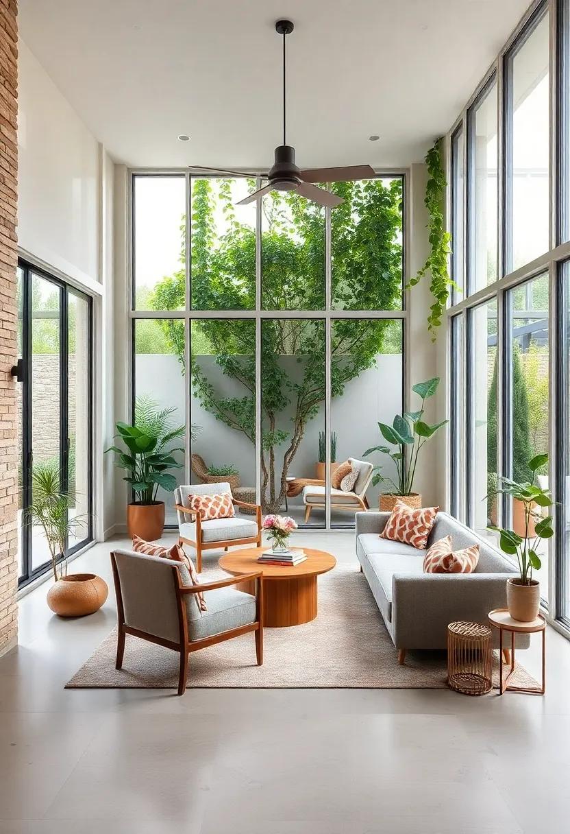 A chic, modern office integrates biophilic design through large windows that overlook an ivy-draped terrace, creating a serene escape from the daily grind
