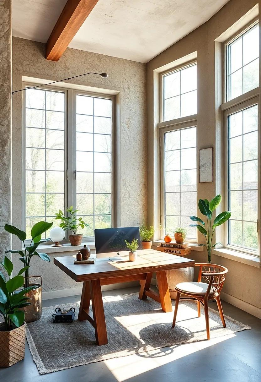 A rustic wooden desk‌ paired with large, ‍double-hung windows allows natural light to flood this biophilic office, creating an inviting atmosphere for ‍creativity and focus