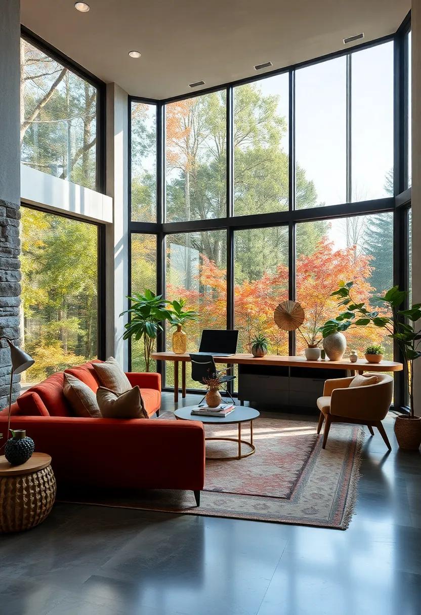 This sleek home office, with large, modern window ⁢designs, invites the beauty of‍ the seasons in, ensuring each workday feels unique and invigorating