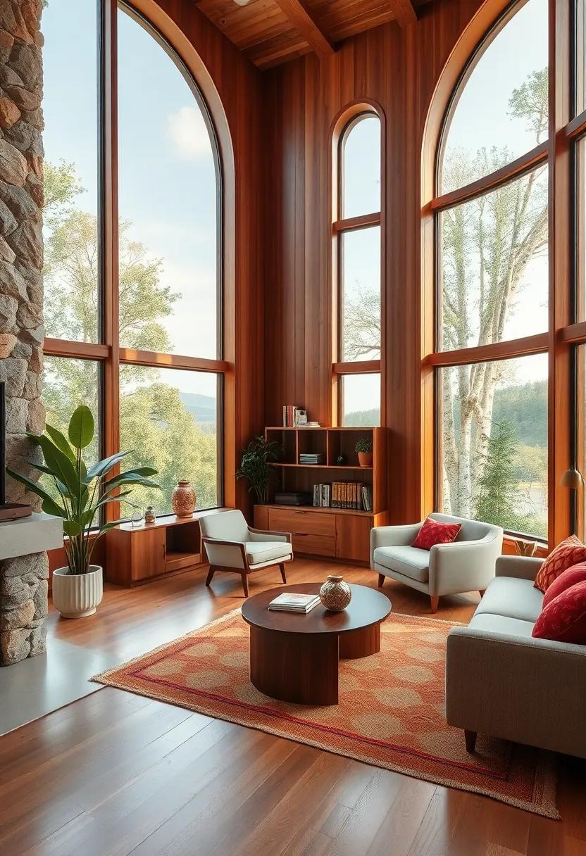 Natural wood accents and large, curved windows characterize this unique workspace, promoting a harmonious blend of comfort and productivity ​while enjoying ‍the scenery