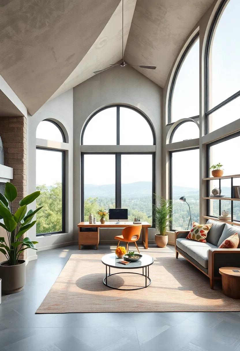 This stylish home office features stunning arched windows that ⁢not only let in abundant‍ light but also⁣ provide picturesque views, enhancing both focus and mood